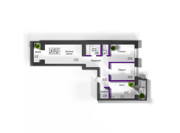 ЖК Домашній 2: планування 3-кімнатної квартири 68.53 м²