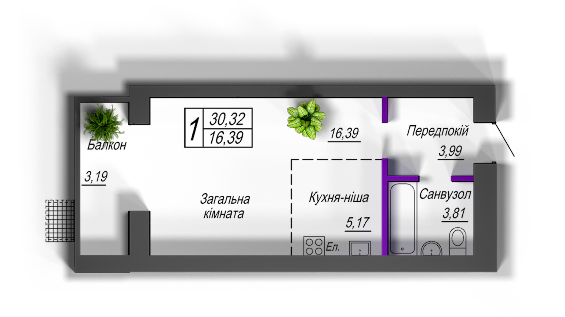 Планировка смарт квартиры в ЖК Домашний 2 30.32 м², фото 508236