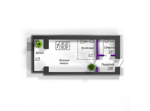 ЖК Домашній 2: планування 1-кімнатної квартири 30.32 м²