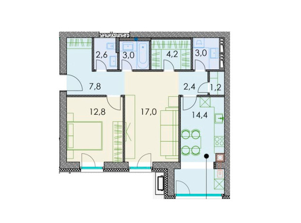 ЖК Forest hill: планировка 3-комнатной квартиры 70.5 м²