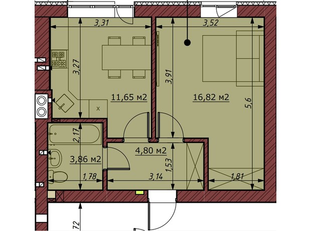 ЖК Гостомельские Липки 5: планировка 1-комнатной квартиры 37.8 м²