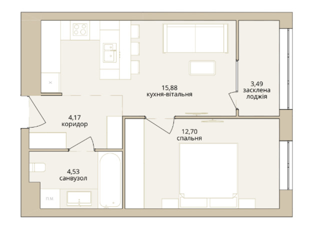 ЖК  Dream Lake: планування 1-кімнатної квартири 40.77 м²