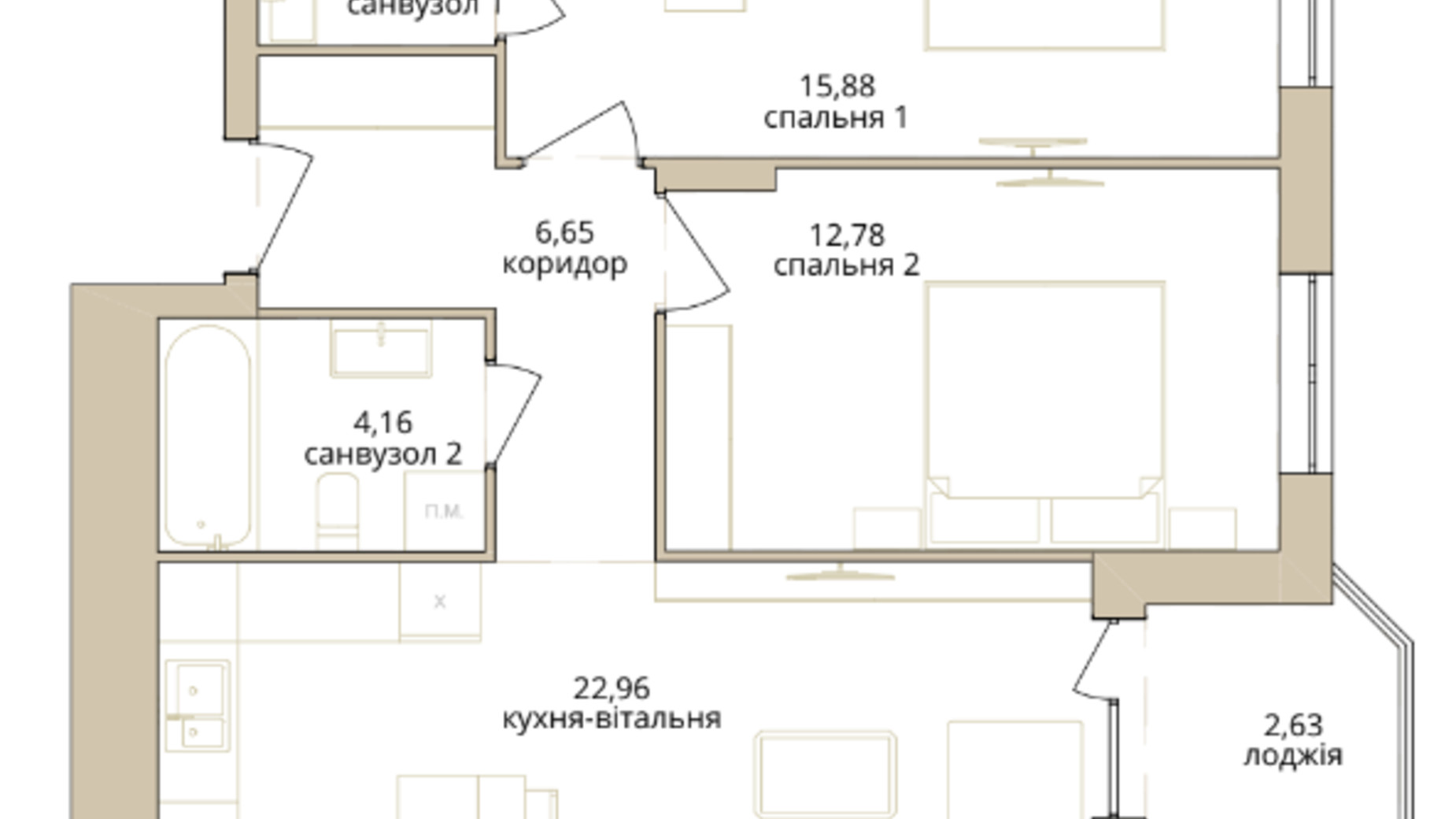 Планування 2-кімнатної квартири в ЖК  Dream Lake 67.81 м², фото 508682