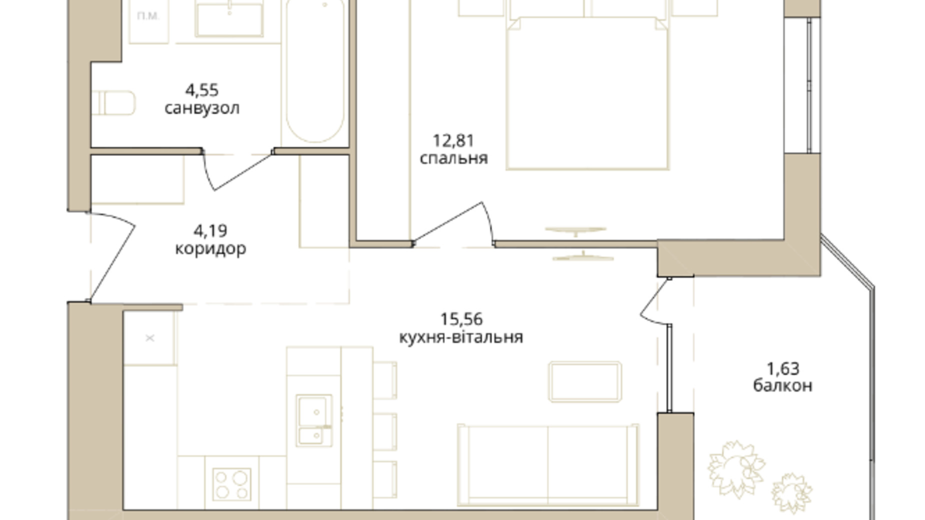 Планировка 1-комнатной квартиры в ЖК Dream Lake 38.72 м², фото 508684