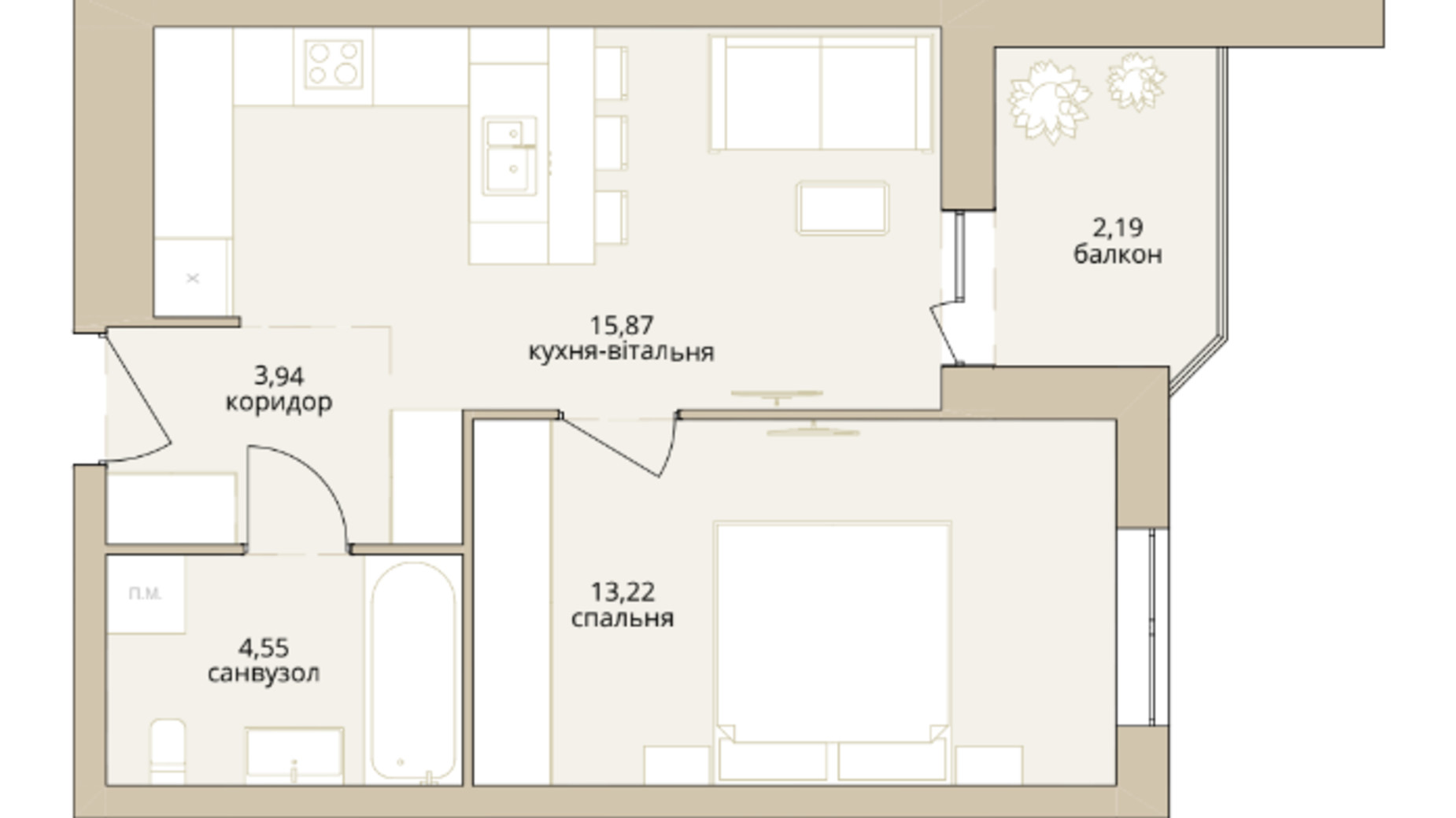 Планування 1-кімнатної квартири в ЖК Dream Lake 39.77 м², фото 508686