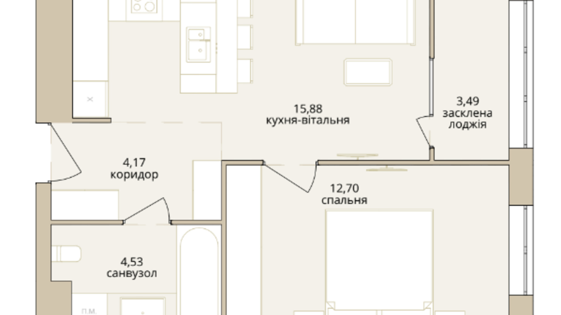 Планування 1-кімнатної квартири в ЖК Dream Lake 40.77 м², фото 508719