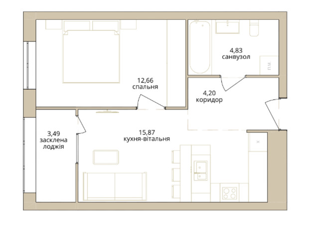 ЖК  Dream Lake: планування 1-кімнатної квартири 41.05 м²