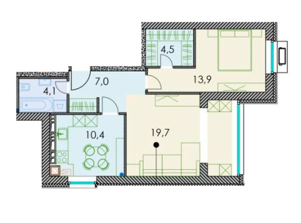 ЖК Forest hill: планировка 2-комнатной квартиры 61.2 м²
