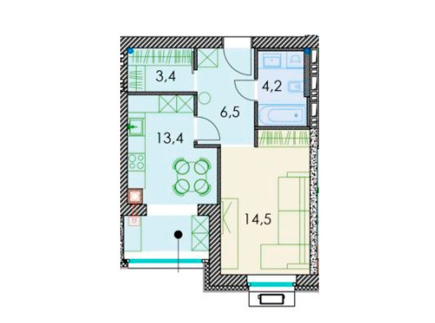 ЖК Forest hill: планування 1-кімнатної квартири 43.4 м²