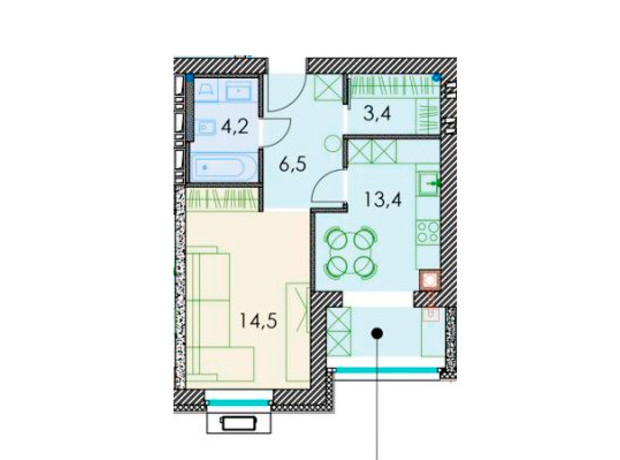 ЖК Forest hill: планировка 1-комнатной квартиры 43.4 м²