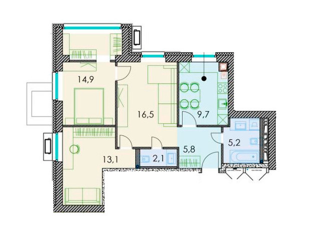 ЖК Forest hill: планировка 3-комнатной квартиры 69.7 м²