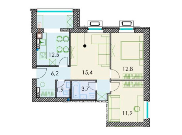 ЖК Forest hill: планування 3-кімнатної квартири 68.8 м²