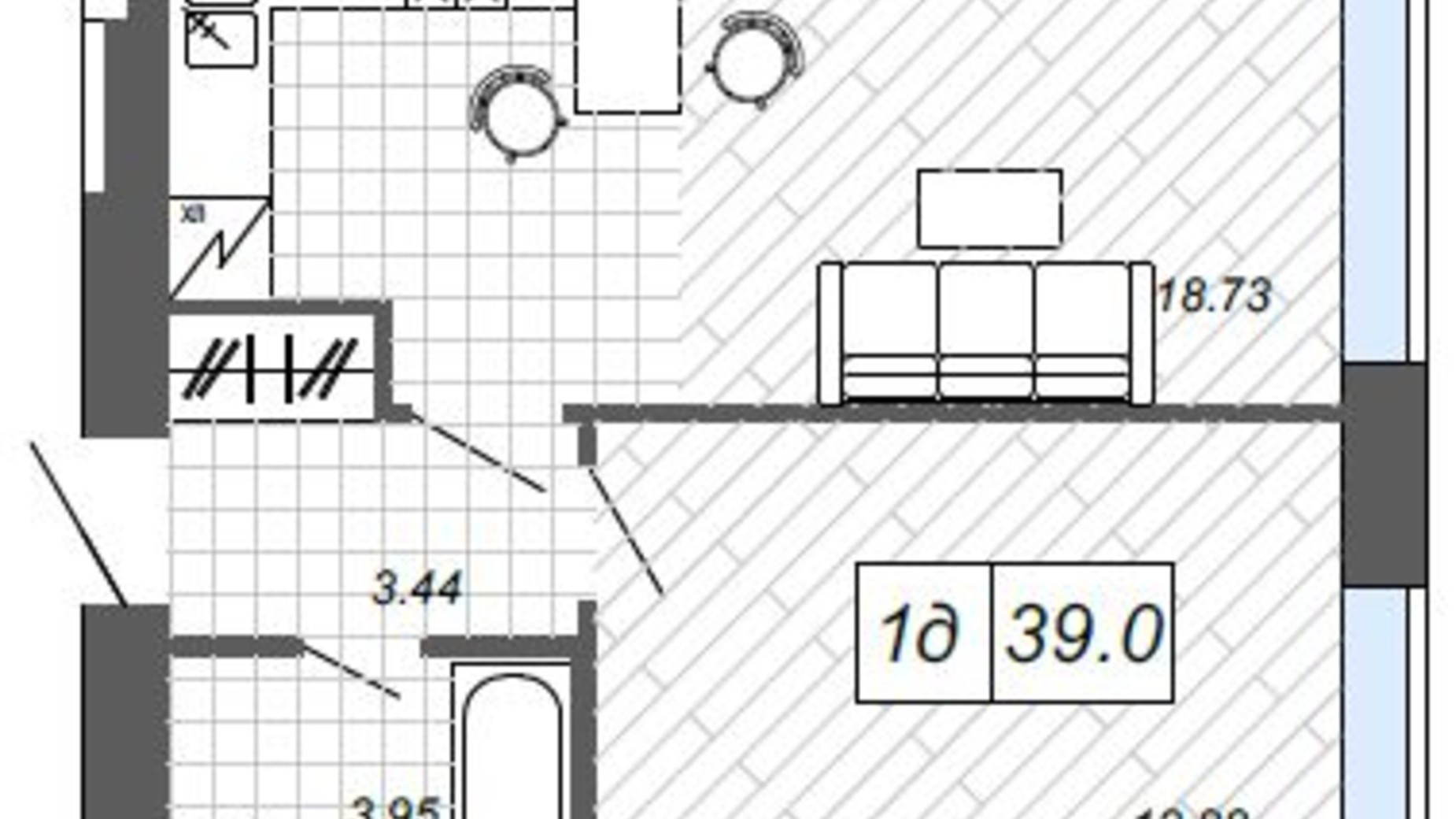 Планування 1-кімнатної квартири в ЖК Нові Метри п27 39 м², фото 508920