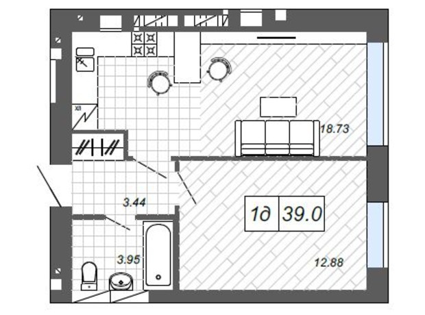 ЖК Нові Метри п27: планування 1-кімнатної квартири 39 м²