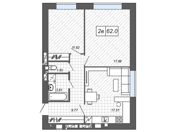 ЖК Нові Метри п27: планування 2-кімнатної квартири 62 м²