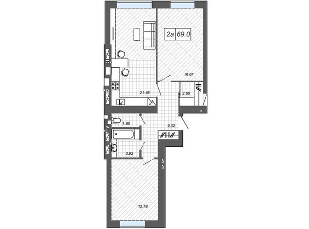 ЖК Новые Метры п27 : планировка 2-комнатной квартиры 69 м²