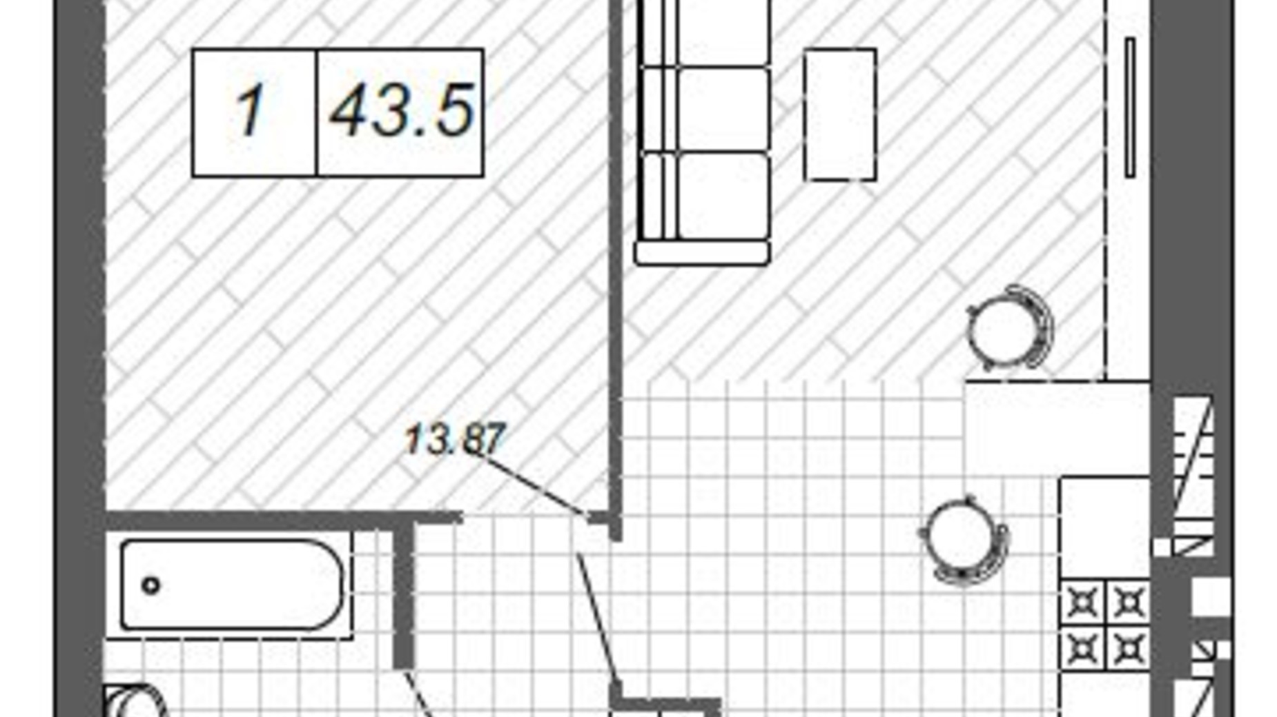 Планировка 1-комнатной квартиры в ЖК Новые Метры п27  43.5 м², фото 508924