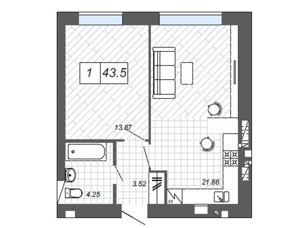 ЖК Новые Метры п27 : планировка 1-комнатной квартиры 43.5 м²