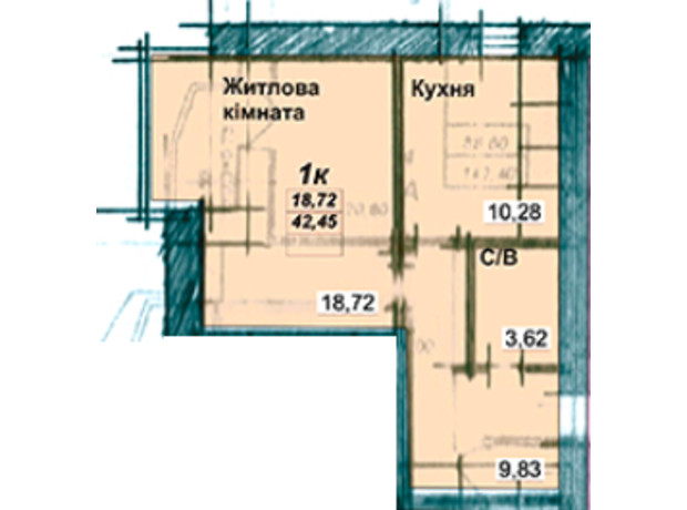 ЖК Затишний: планування 1-кімнатної квартири 42.45 м²