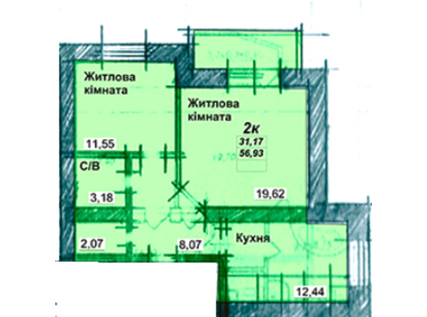 ЖК Затишний: планування 2-кімнатної квартири 56.93 м²