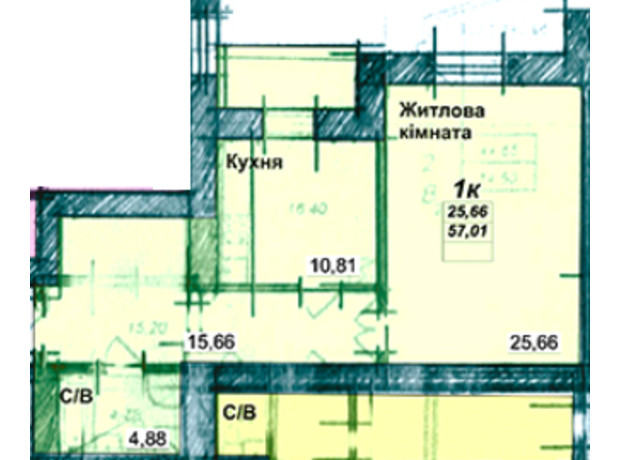 ЖК Затишний: планування 1-кімнатної квартири 57.1 м²