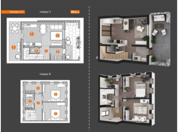 КГ Riverside: планировка 3-комнатной квартиры 88.6 м²