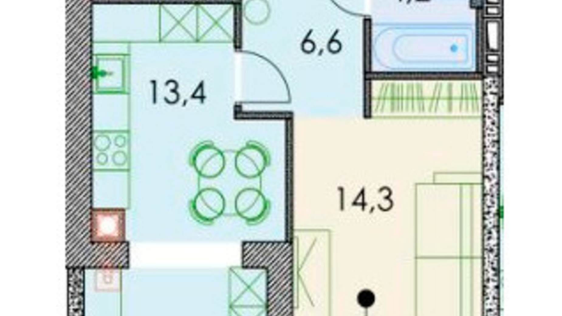 Планування 1-кімнатної квартири в ЖК Forest hill 43.2 м², фото 511081