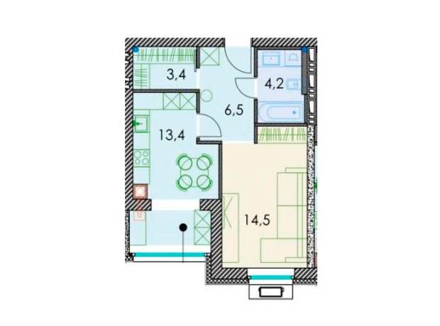 ЖК Forest hill: планування 1-кімнатної квартири 43.4 м²