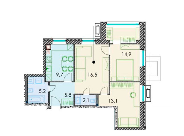 ЖК Forest hill: планировка 3-комнатной квартиры 69.7 м²
