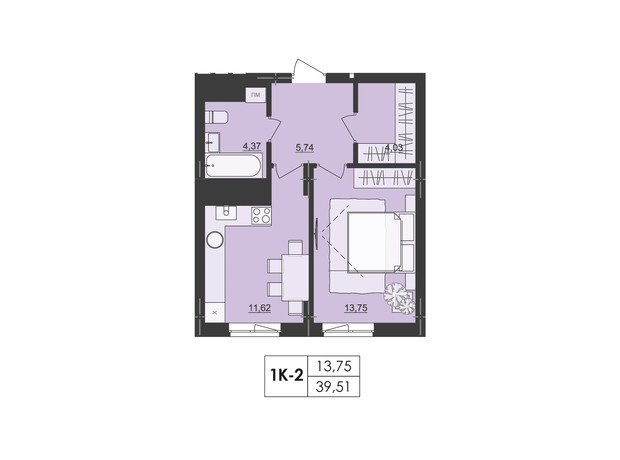 ЖК Київський: планування 1-кімнатної квартири 39.51 м²