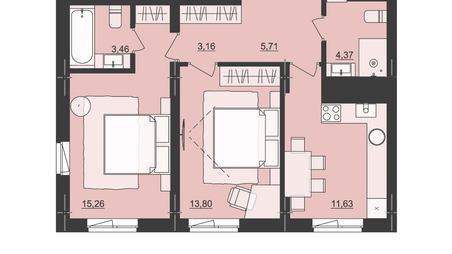 Планування 2-кімнатної квартири в ЖК Київський 57.39 м², фото 511223