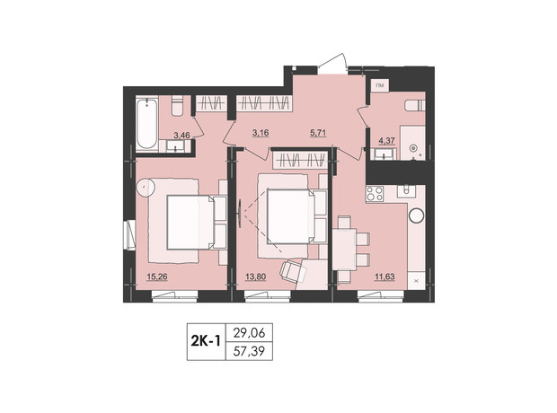 ЖК Киевский: планировка 2-комнатной квартиры 57.39 м²