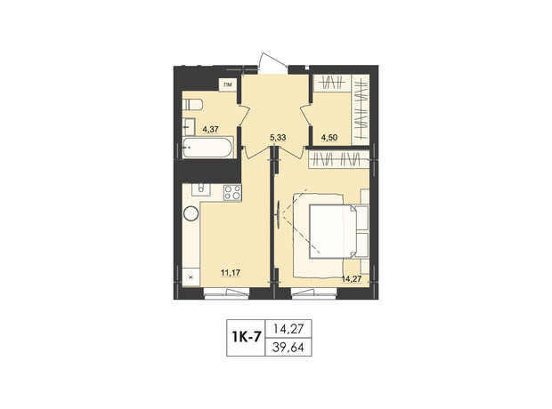 ЖК Київський: планування 1-кімнатної квартири 39.64 м²