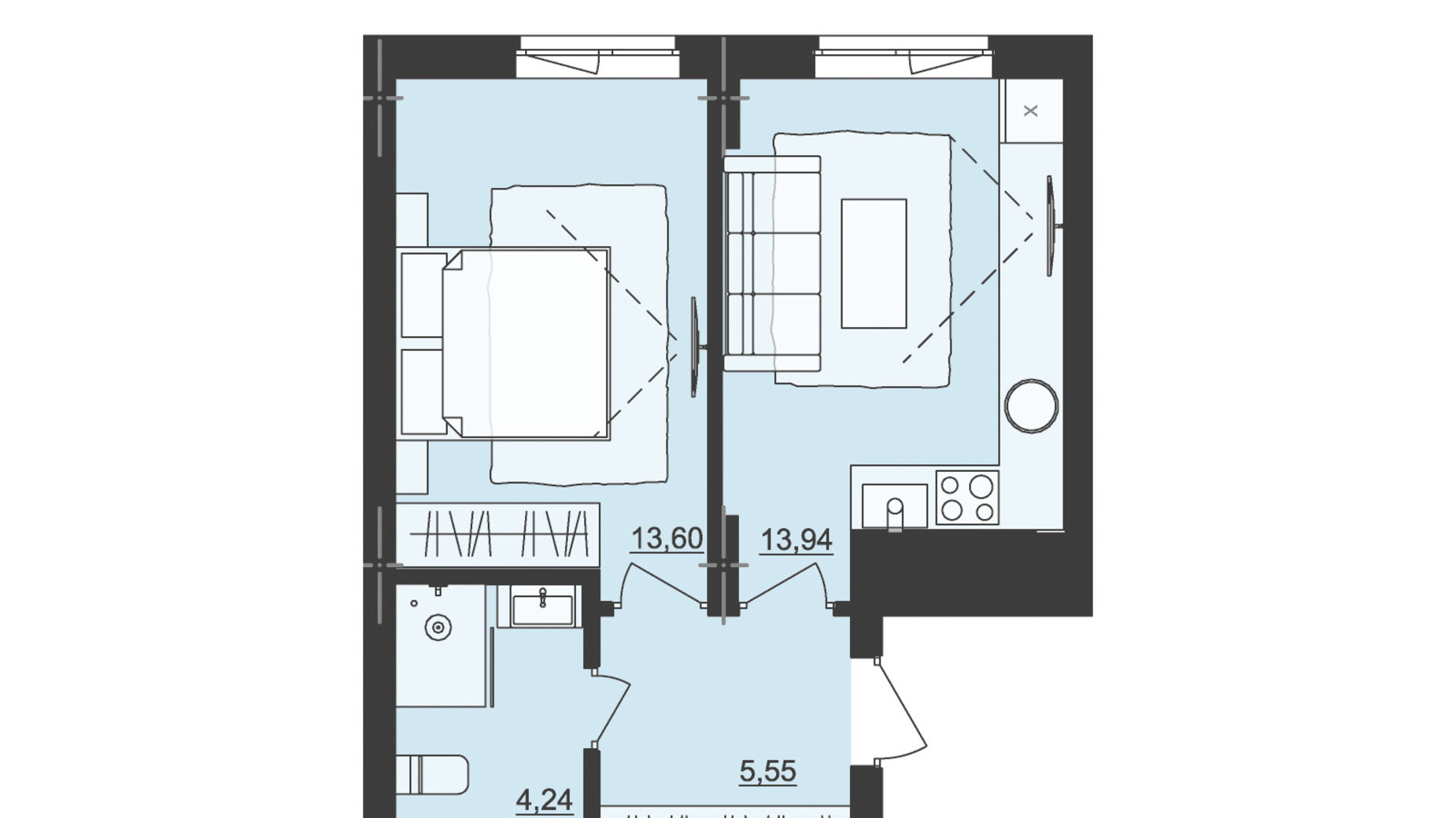 Планування 1-кімнатної квартири в ЖК Київський 37.33 м², фото 511230