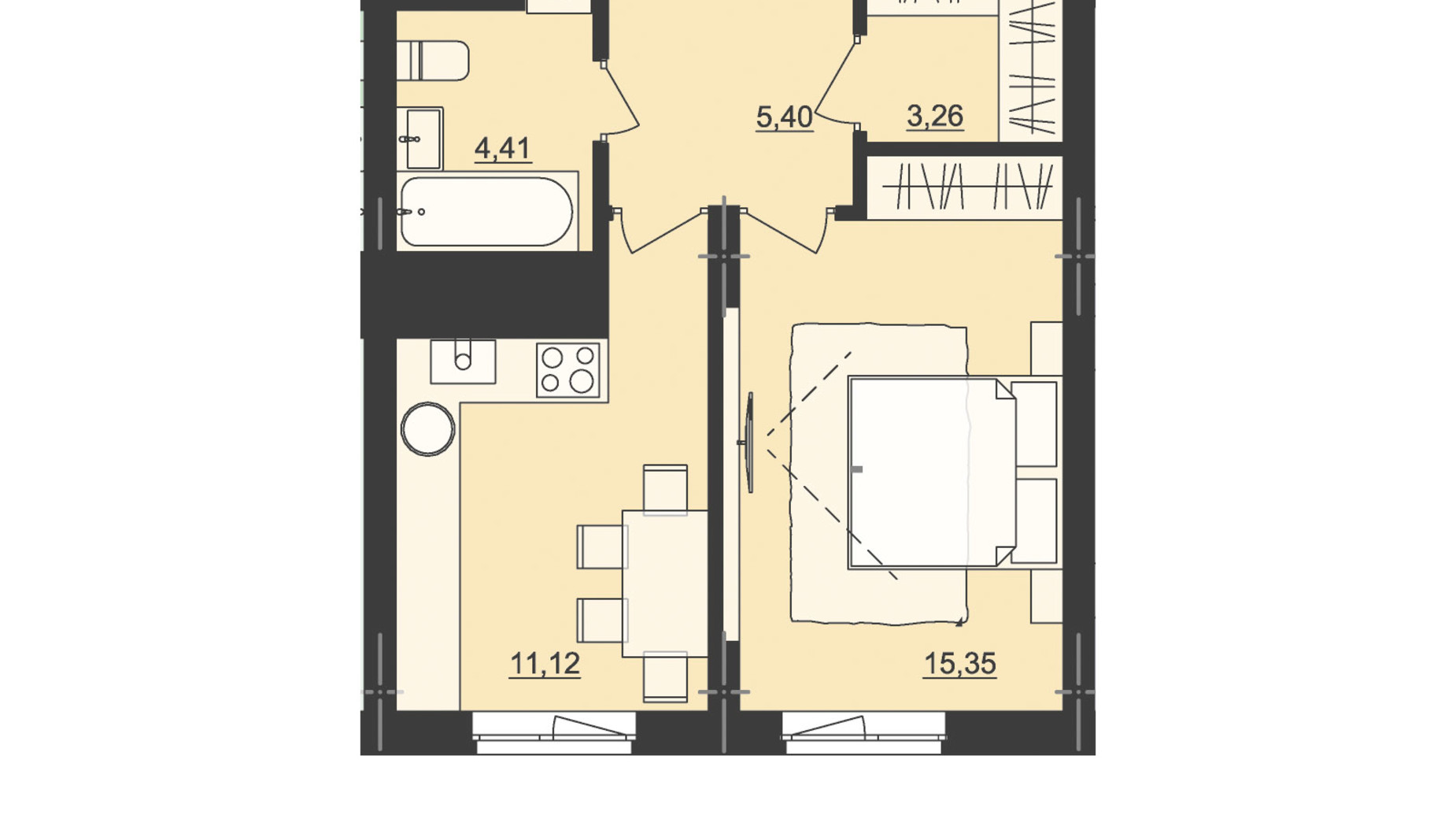 Планування 1-кімнатної квартири в ЖК Київський 39.54 м², фото 511231