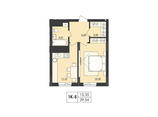 ЖК Киевский: планировка 1-комнатной квартиры 39.54 м²