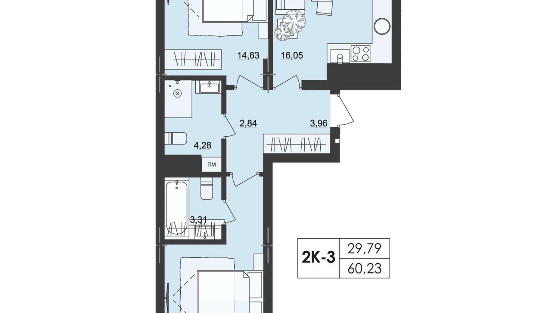 Планування 2-кімнатної квартири в ЖК Київський 60.23 м², фото 511232