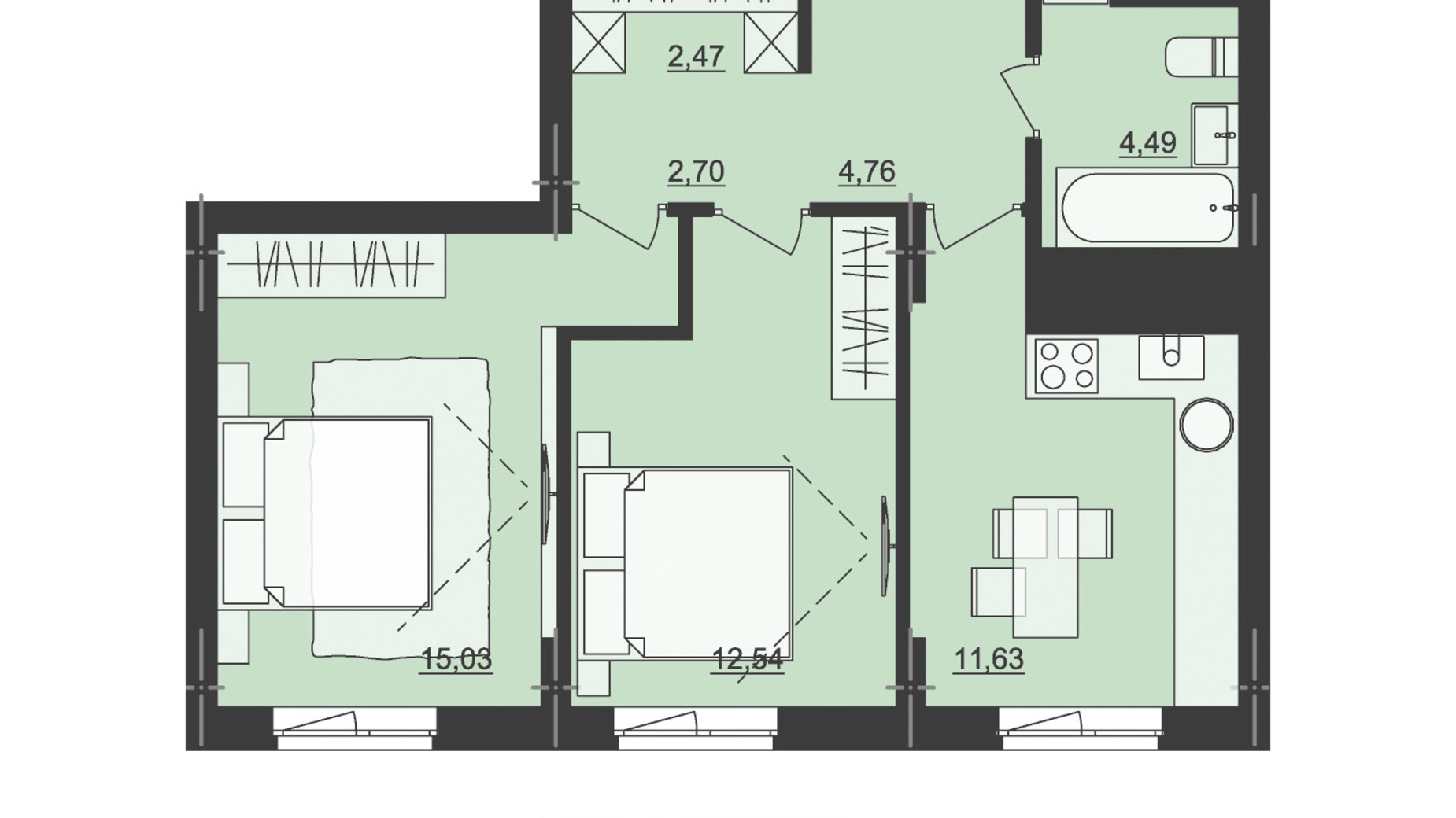 Планування 2-кімнатної квартири в ЖК Київський 53.62 м², фото 511236
