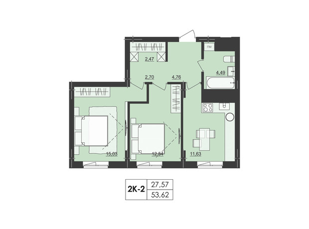 ЖК Киевский: планировка 2-комнатной квартиры 53.62 м²