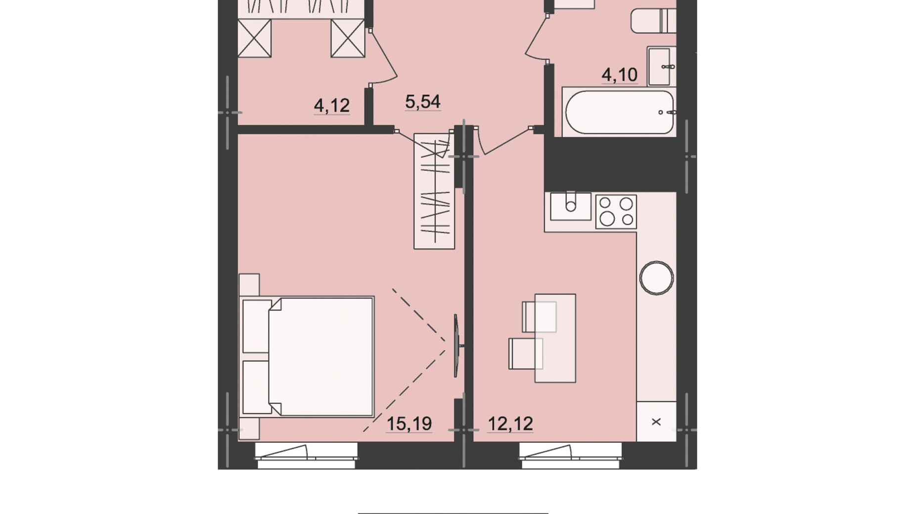 Планування 1-кімнатної квартири в ЖК Київський 41.07 м², фото 511237