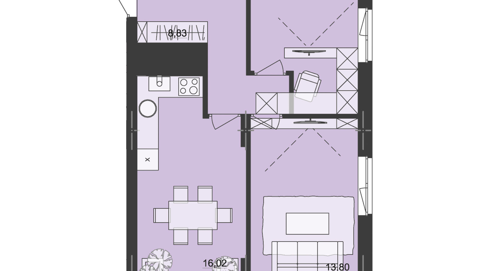 Планування 2-кімнатної квартири в ЖК Київський 58.53 м², фото 511245