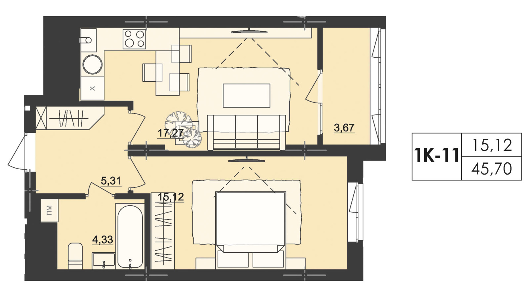 Планування 1-кімнатної квартири в ЖК Київський 45.7 м², фото 511248