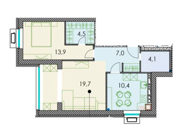 ЖК Forest hill: планировка 2-комнатной квартиры 61.2 м²