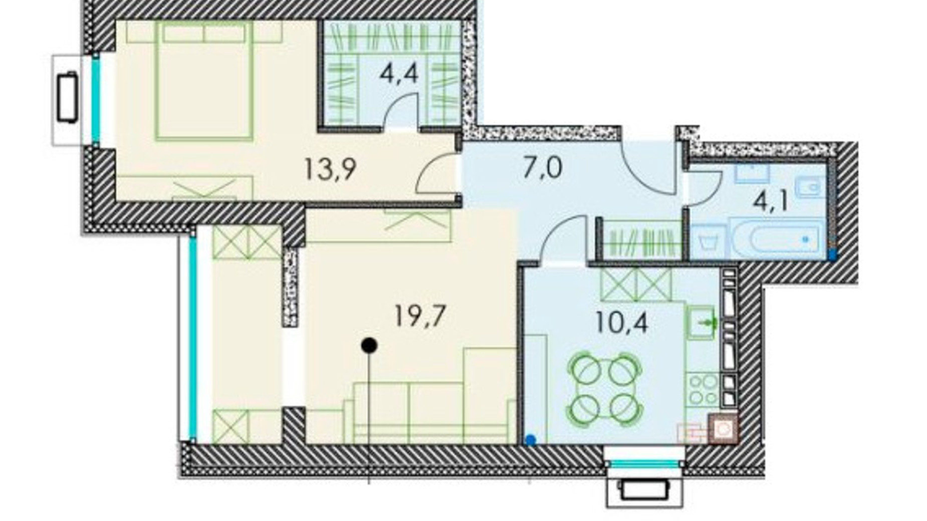 Планування 2-кімнатної квартири в ЖК Forest hill 61.2 м², фото 511270