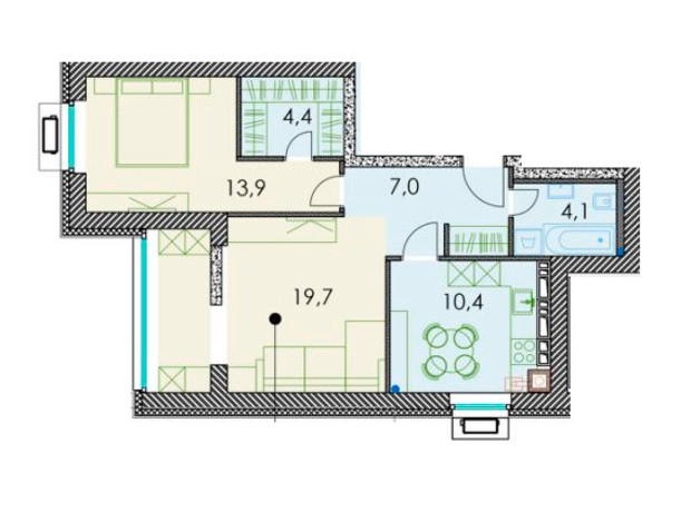 ЖК Forest hill: планування 2-кімнатної квартири 61.2 м²