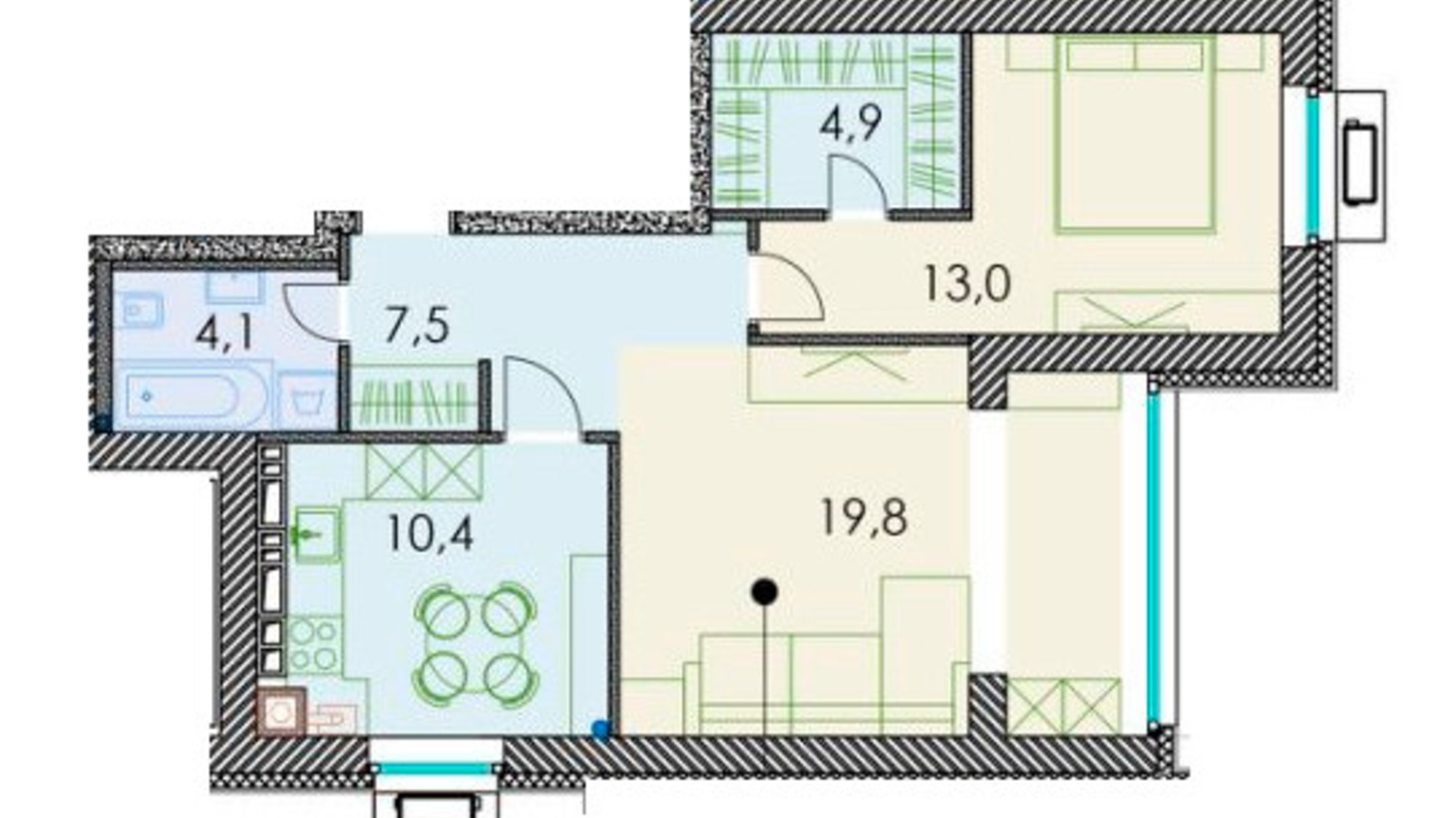 Планування 2-кімнатної квартири в ЖК Forest hill 61.3 м², фото 511286