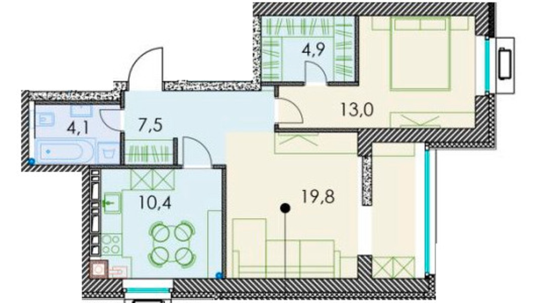 Планування 2-кімнатної квартири в ЖК Forest hill 61.3 м², фото 511287