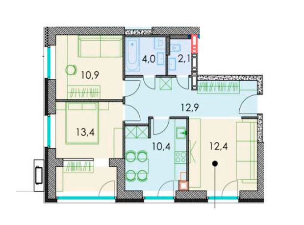 ЖК Forest hill: планировка 3-комнатной квартиры 68.3 м²