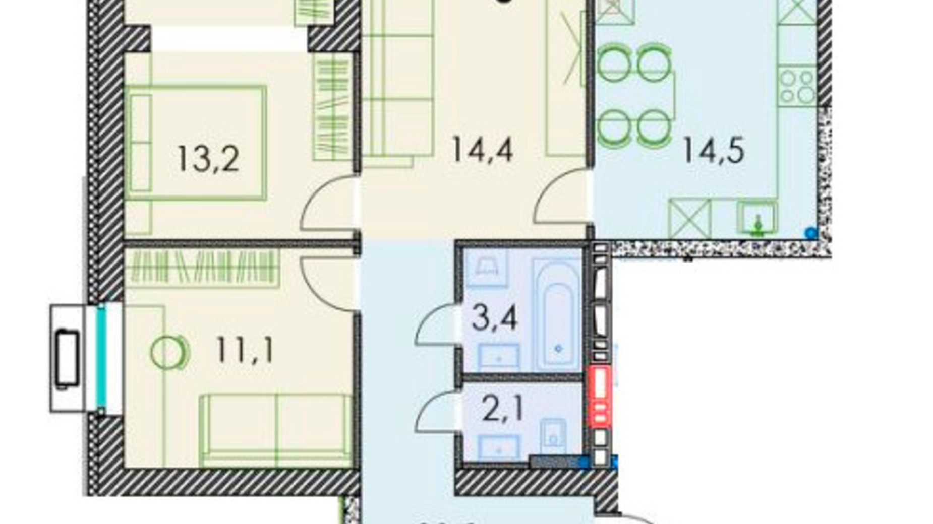 Планування 3-кімнатної квартири в ЖК Forest hill 72.1 м², фото 511316