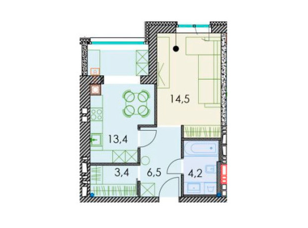 ЖК Forest hill: планировка 1-комнатной квартиры 43.4 м²